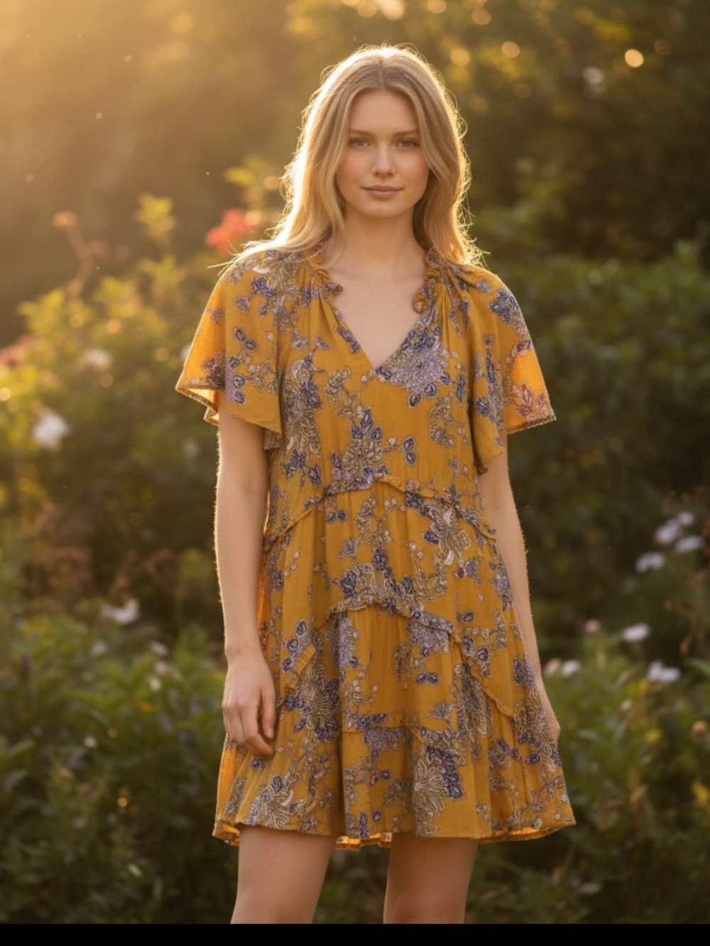Anthropologie Mustard Floral Ruffle Midi Dress